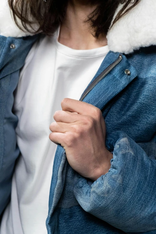 a close up of a person wearing a jacket, happening, wearing denim, full product shot, frosted, detailed product image