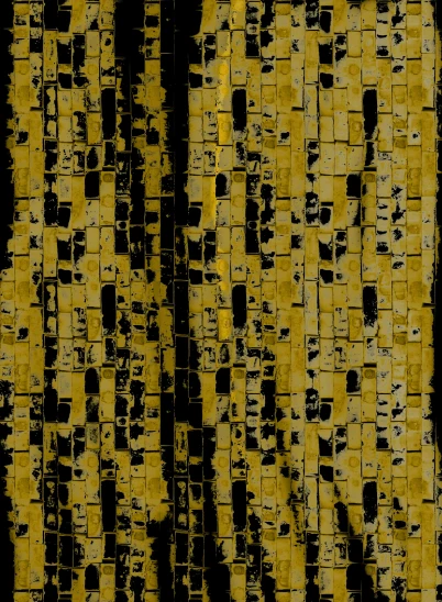 a close up of a yellow and black tiled wall, reddit, conceptual art, digital glitches glitchart, gold black, 16k resolution:0.6|people, distressed