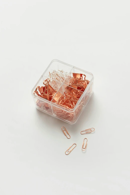 a container filled with paper clips on top of a white surface, by Jessie Algie, rose gold, transparent, 3 mm, set pieces