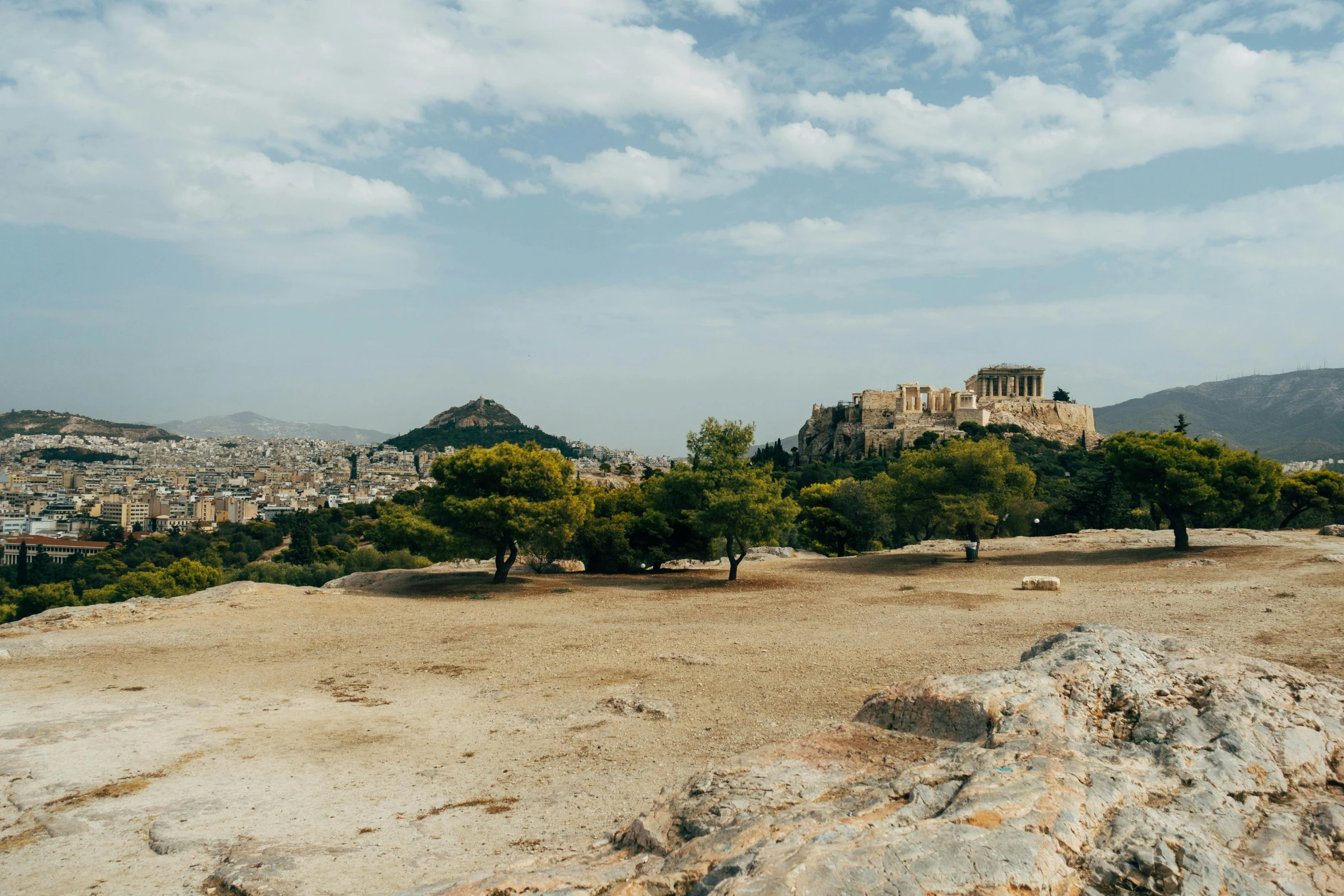 a view of the acropolis from the top of a hill, pexels contest winner, neoclassicism, sparse pine trees, shot on hasselblad, landscape of flat wastelands, brown