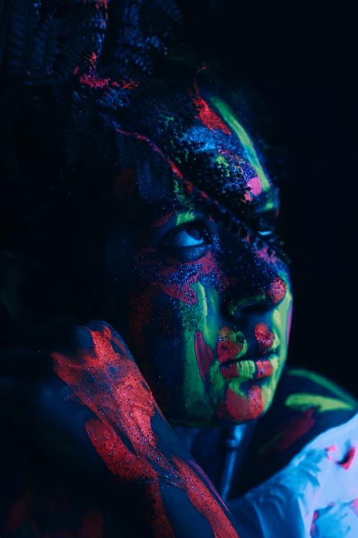 a woman with neon paint on her face, a portrait, by artist, pexels contest winner, blue and green and red tones, portrait made of paint, colorful]”, paint on black velvet canvas