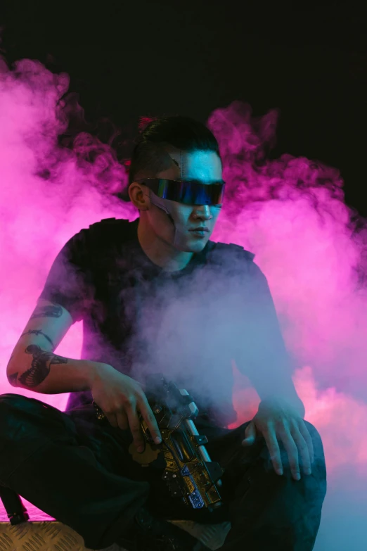 a man sitting on top of a skateboard covered in smoke, an album cover, inspired by Xi Gang, pexels, cyberpunk dyed haircut, unreal engine : : rave makeup, justin sun, armed