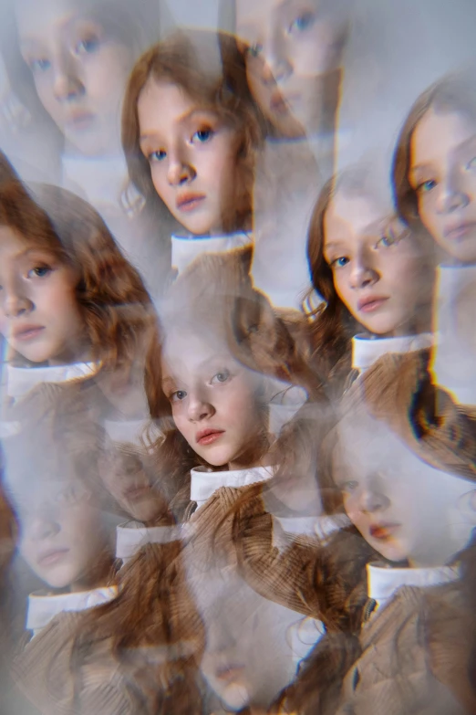 a group of dolls sitting next to each other, an album cover, inspired by Anna Füssli, generative art, mackenzie foy, close - up on face, with many mirrors, young redhead girl in motion