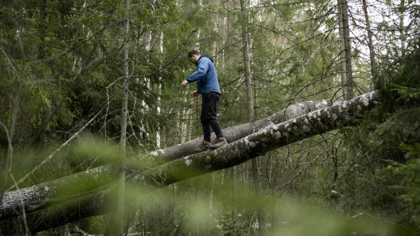 a man standing on a fallen tree in the woods, by Jaakko Mattila, hurufiyya, maintenance photo, [ cinematic, jumping, **cinematic