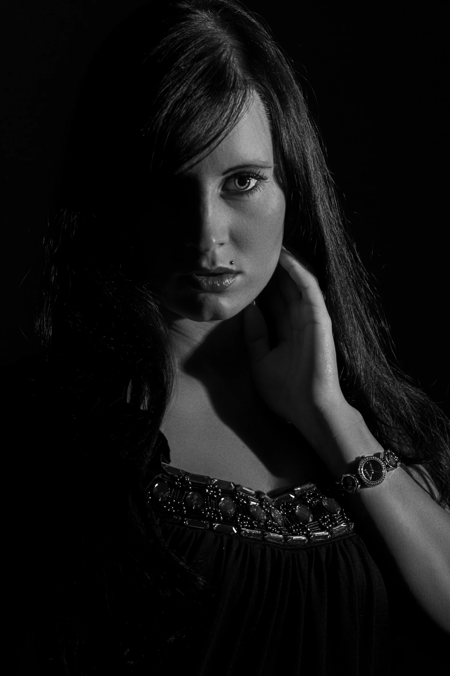 a black and white photo of a woman, inspired by Yousuf Karsh, pexels contest winner, studio!! portrait lighting, studio medium format photograph, mysterious woman, mysterious girl