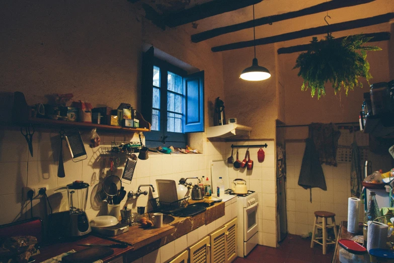 a kitchen filled with lots of pots and pans, inspired by Elsa Bleda, unsplash, renaissance, low - lighting, interior of a small, 8k octan photo, fan favorite