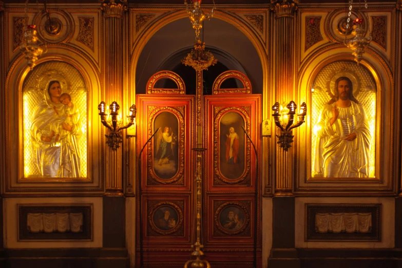 a couple of doors that are inside of a building, inspired by Alexandre Cabanel, pexels contest winner, baroque, iconostasis in the bar, full frontal lighting, neo-classical painting, holy iconography