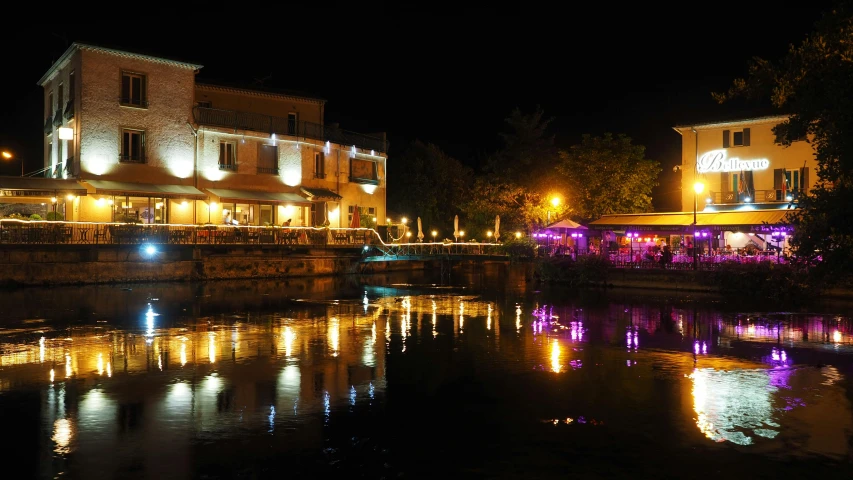 the lights on the buildings are reflecting in the water, les nabis, sparkling atmosphere, tarski fiume, nightcafe, thumbnail