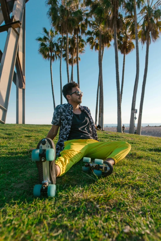 a man sitting on the grass with a skateboard, with palm trees in the back, yellow and green, oceanside, mogul khan