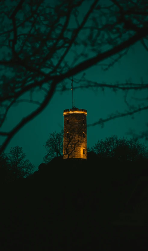 a tall tower sitting in the middle of a forest, an album cover, pexels, night view, detmold, medium format. soft light, top of the hill