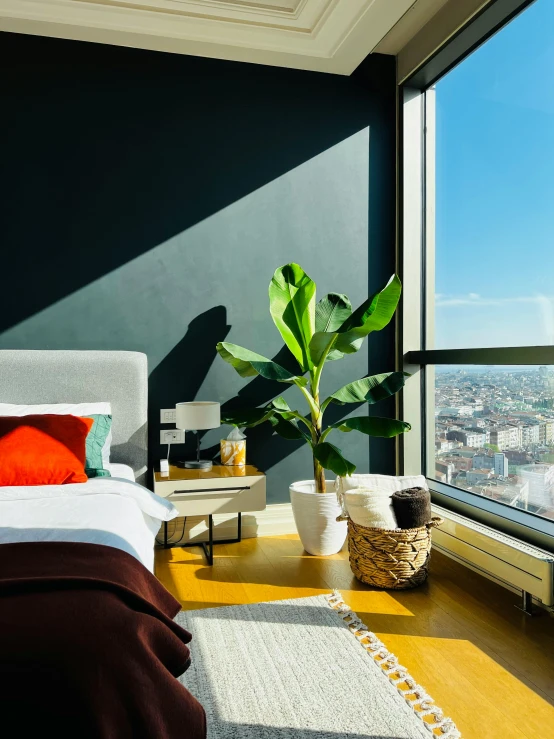 a bed sitting in a bedroom next to a window, by Julia Pishtar, unsplash contest winner, maximalism, luxury condo interior, towering high up over your view, green and black color scheme, beautiful sunny day