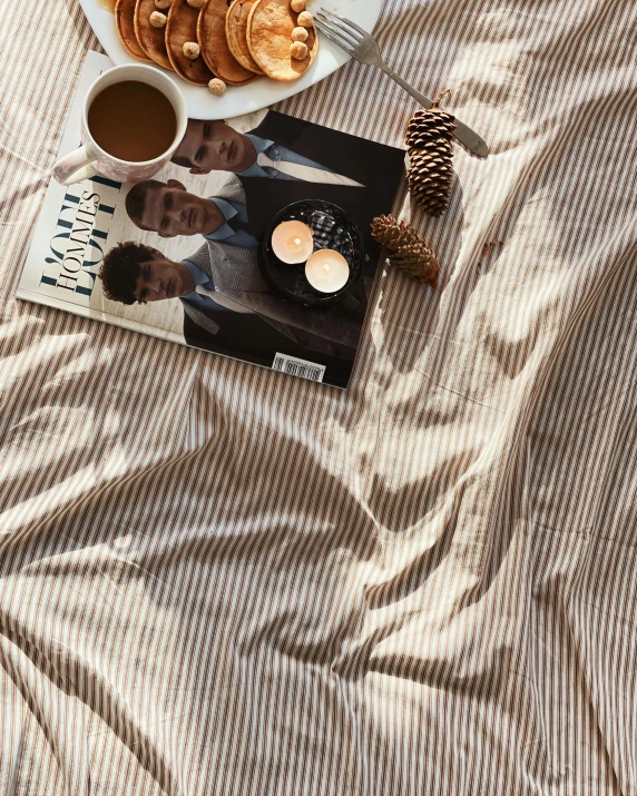 a book sitting on top of a bed next to a cup of coffee, a still life, inspired by Lucian Freud, unsplash, tablecloth, striped, product shot, taupe