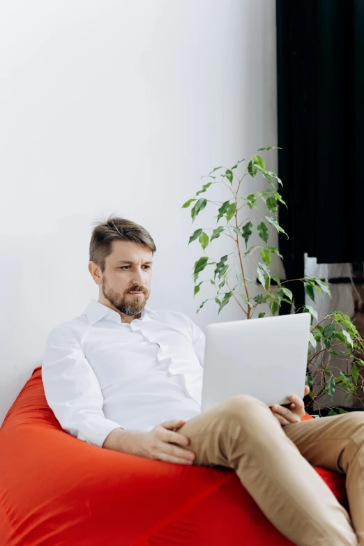 a man sitting on a bean bag chair using a laptop, trending on reddit, renaissance, wearing a white button up shirt, next to a plant, it specialist, looking away from camera