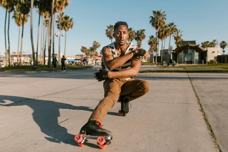 a man riding a skateboard down a sidewalk, pexels contest winner, happening, man is with black skin, with palm trees in the back, avatar image, sitting down