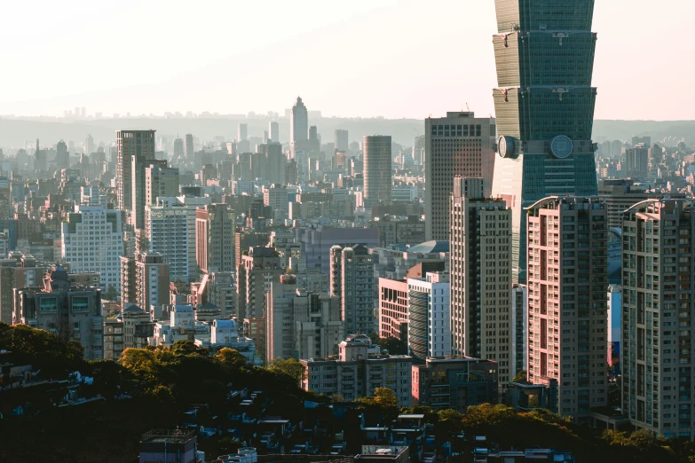 a view of a city from the top of a hill, pexels contest winner, hyperrealism, chinese building, late afternoon light, urban jungle, tall minimalist skyscrapers