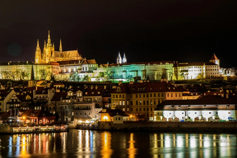 a view of a city lit up at night, by Adam Szentpétery, pexels contest winner, renaissance, gothic castle in background, panorama, slide show, brown