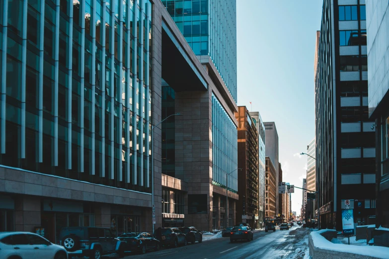 a city street filled with lots of tall buildings, a photo, pexels contest winner, hyperrealism, montreal, high quality picture, minn, college