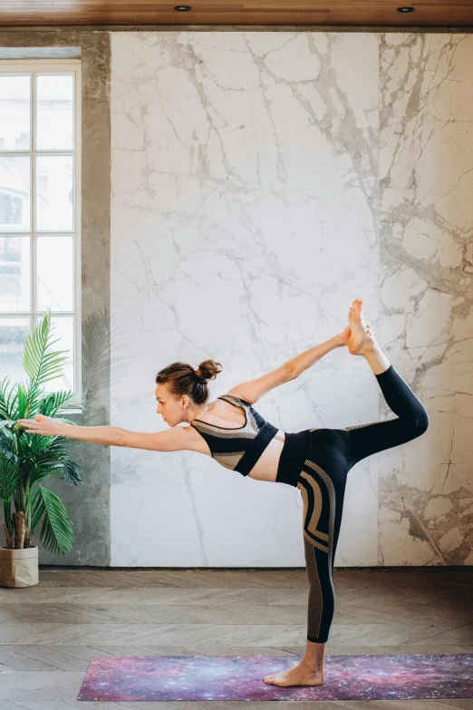 a woman doing a yoga pose in front of a window, pexels contest winner, arabesque, on a large marble wall, botanicals, sydney hanson, emily rajtkowski