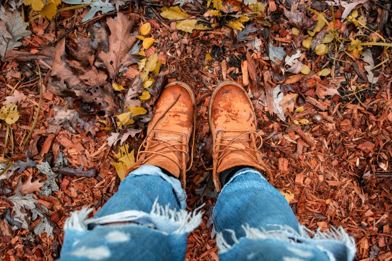 a pair of brown shoes sitting on top of a pile of leaves, trending on pexels, rusty colored long hair, wearing dirty travelling clothes, thumbnail, pov photo