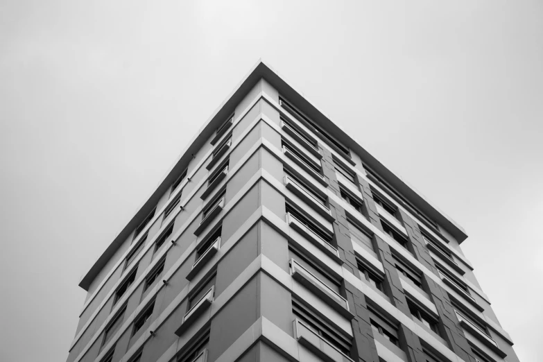 a black and white photo of a tall building, unsplash, dynamic angled shot, flat grey color, modern high sharpness photo, high quality upload