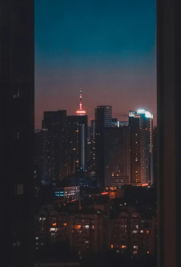 a view of a city at night from a window, pexels contest winner, jakarta, hotel room, ilustration, upright