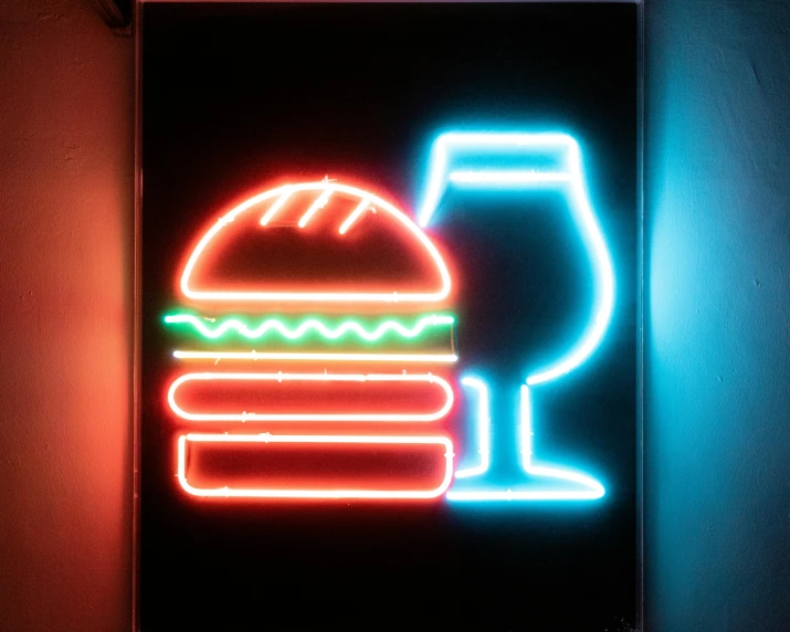 a neon sign of a burger and a glass of wine, by Joe Bowler, trending artwork, fan favorite, steven jung, large format