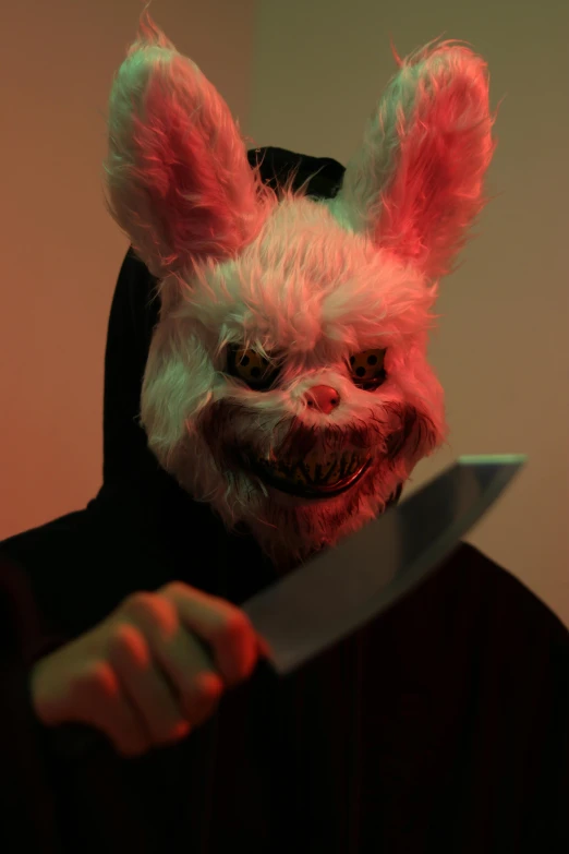 a person in a bunny mask holding a knife, headshot, adult swim, ap, trending photo