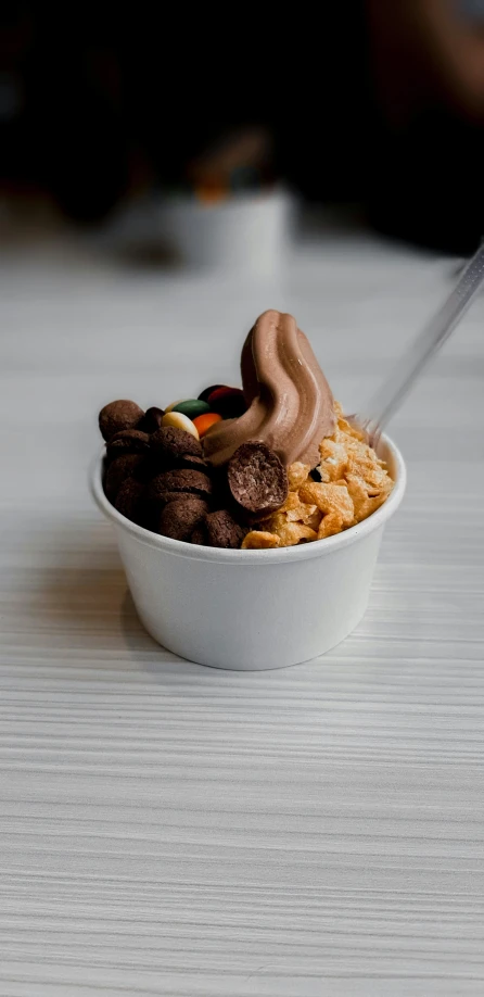 a close up of a bowl of food on a table, ice cream on the side, profile image, chocolate, cereal