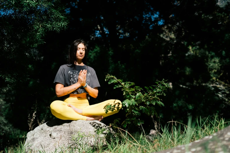 a woman sitting on a rock with a banana in her hand, unsplash, figuration libre, meditating pose, sitting in a tree, with yellow cloths, manuka