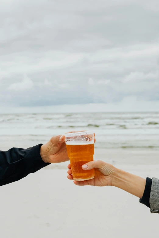 two people toasting on a beach with the ocean in the background, by Carey Morris, pexels contest winner, octoberfest, on grey background, loosely cropped, a small