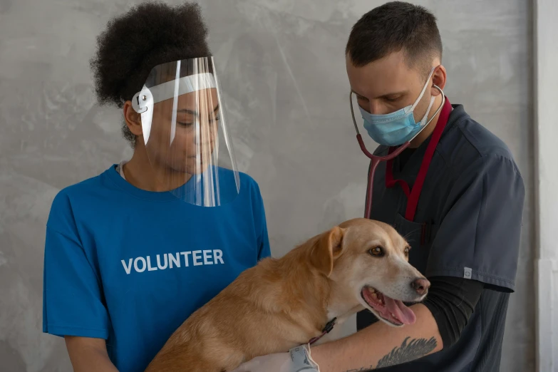 a man holding a dog wearing a face shield, inspired by Elke Vogelsang, pexels contest winner, renaissance, healthcare worker, gray, center of image, multi-part