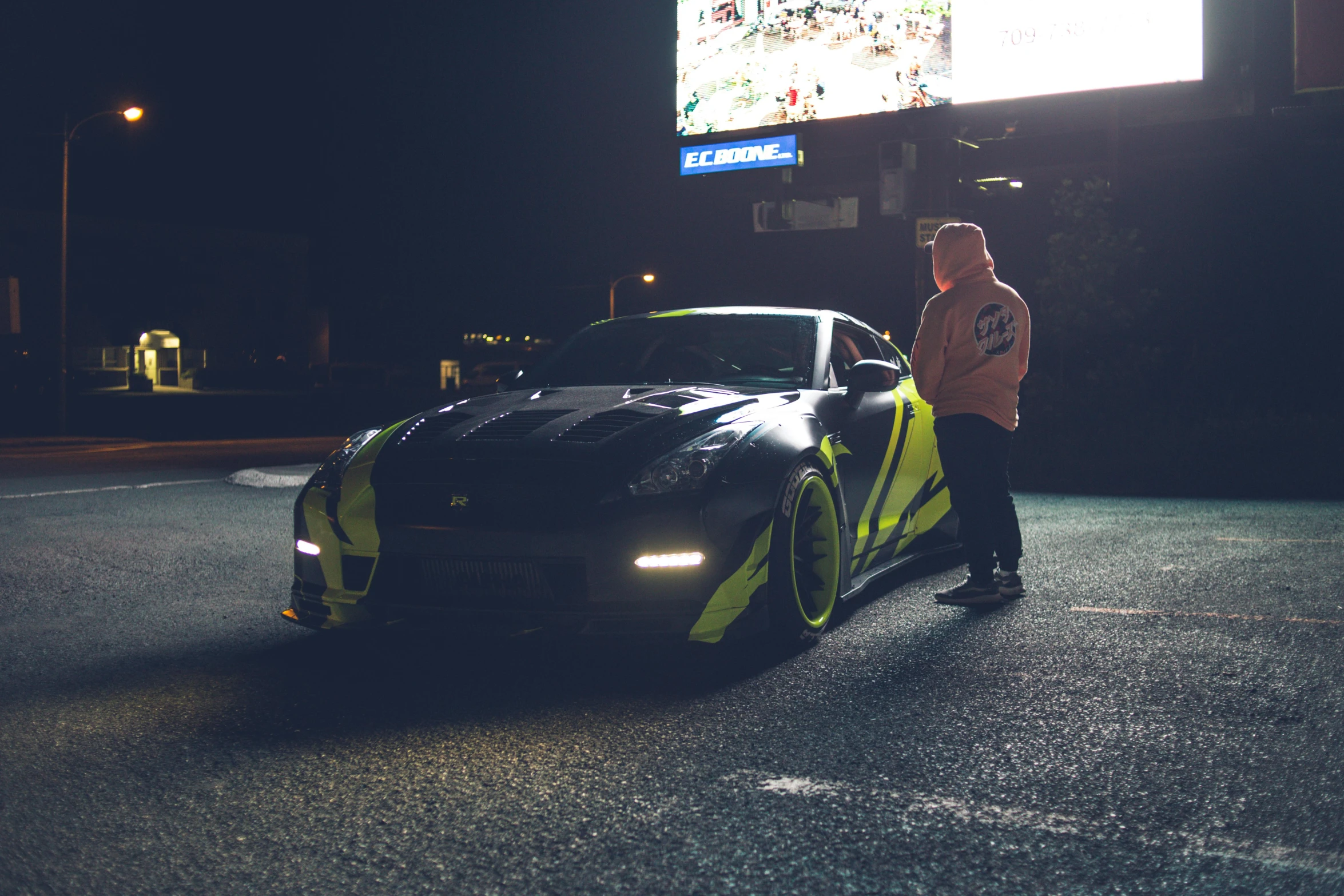 a man standing next to a sports car in a parking lot, a picture, by An Gyeon, yellow lighting from right, 8 k highly detailed ❤🔥 🔥 💀 🤖 🚀, profile image, japanese drift car