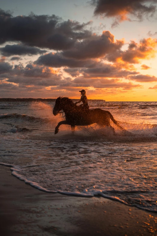 a man riding on the back of a horse in the ocean, by Daniel Seghers, unsplash contest winner, romanticism, 8k hdr sunset lit, 👰 🏇 ❌ 🍃, sunset at golden hour, centaur horse