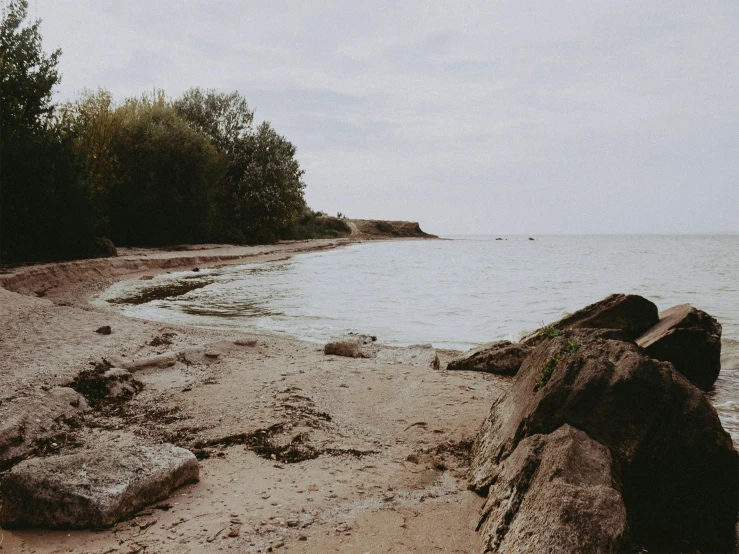 a couple of rocks sitting on top of a sandy beach, by Emma Andijewska, unsplash, overcast lake, beach trees in the background, background image, rocky ground with a dirt path