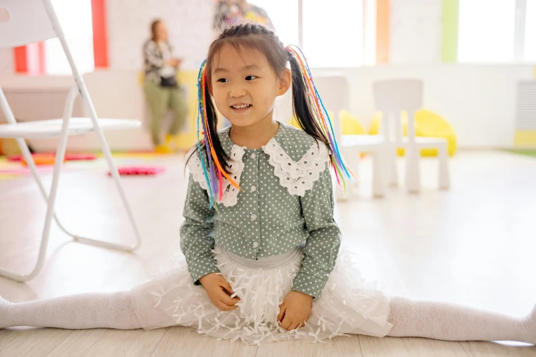 a little girl sitting on the floor in a room, inspired by Hikari Shimoda, pexels contest winner, white braids, standing in class, softplay, ethnicity : japanese