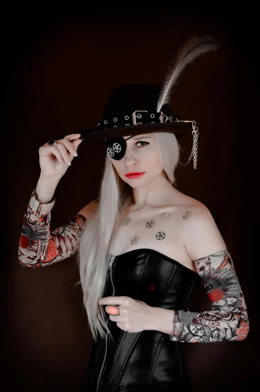 a woman with long white hair wearing a hat, inspired by Louis Grell, reddit, gothic art, tattooed skin, captured on canon eos r 6, twitch streamer / gamer ludwig, half body photo