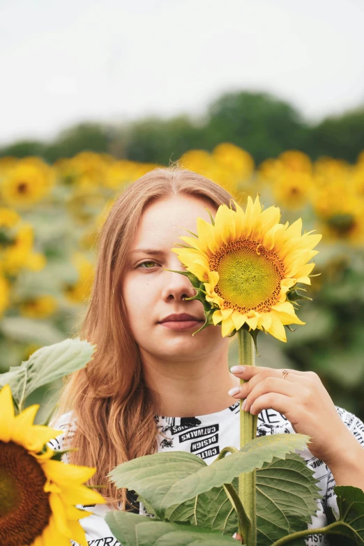 a woman holding a sunflower in front of her face, an album cover, by Julia Pishtar, russian girlfriend, profile image, low quality photo, seasonal