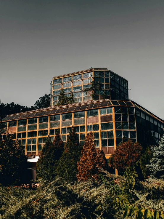 a building sitting on top of a lush green hillside, by Sebastian Spreng, unsplash contest winner, brutalism, glass greenhouse, golden hues, against a winter garden, thumbnail