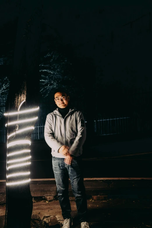 two men standing next to each other in the dark, a picture, inspired by Feng Zhu, portrait photo of a backdrop, outside lighting, full body photograph, 2 3 years old