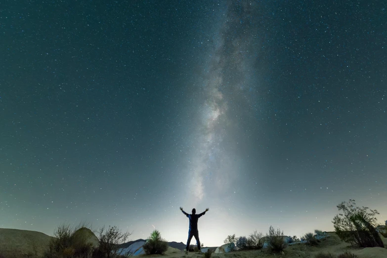 a person standing on top of a hill under a sky filled with stars, pexels contest winner, with arms up, carl sagan, rectangle, **cinematic