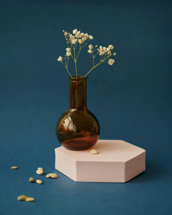 a brown vase with some white flowers in it, inspired by Giorgio Morandi, unsplash contest winner, minimal pink palette, hexagonal planetary space base, side portrait of imogen poots, product display photograph