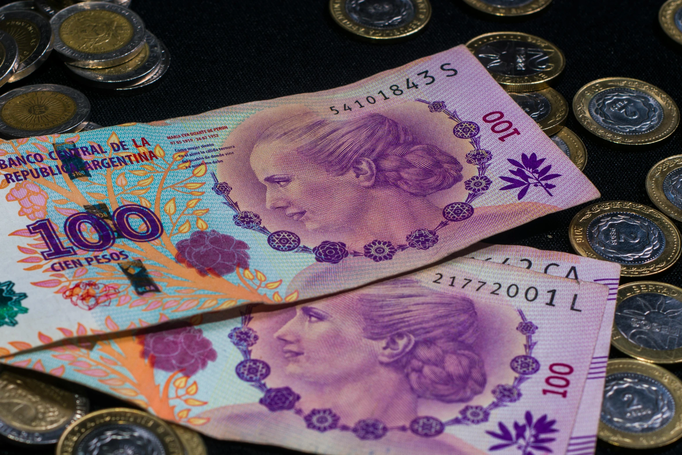 a bunch of money sitting on top of a pile of coins, a portrait, by Gina Pellón, pixabay, hyperrealism, purple neon colours, bolivian cholitas, zoomed view of a banknote, las pozas