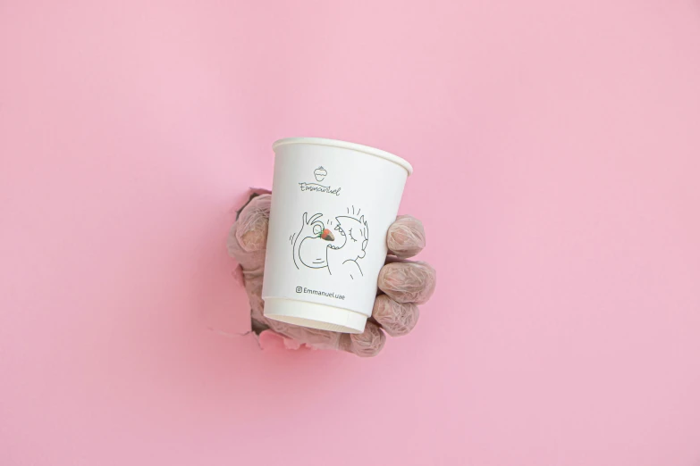 a person holding a cup of coffee on a pink surface, official product image, cartoon paper coffee cup, behance lemanoosh, holding a white duck