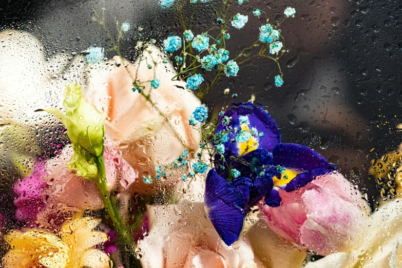a bunch of flowers that are in a vase, an album cover, inspired by François Boquet, trending on unsplash, romanticism, pouring iridescent rain, detail shot, hyperdetailed mix, vibrant but dreary blue