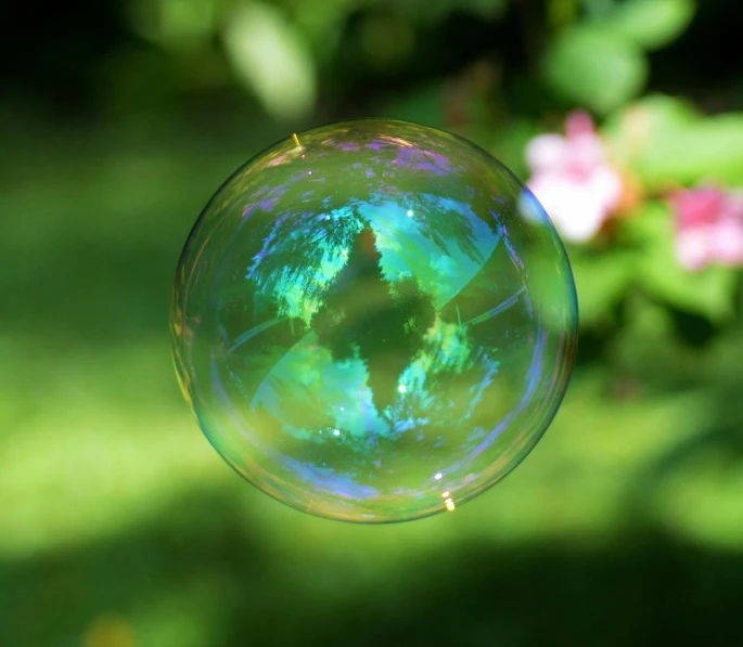 a soap bubble sitting on top of a lush green field, pexels, holographic plastic, multicoloured, mint, balloon