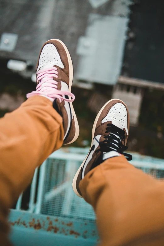 a person wearing brown pants and pink sneakers, by Niko Henrichon, trending on pexels, renaissance, “air jordan 1, multiple colors, top down angle, medium shot of two characters