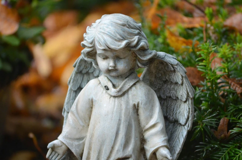 a statue of an angel in a garden, pexels contest winner, 15081959 21121991 01012000 4k, children's, grey, autumn season