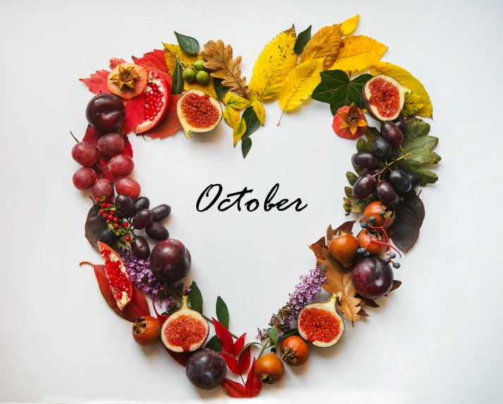 a heart shape made out of fruits and leaves, by Julia Pishtar, pixabay, hyperrealism, octoberfest, october, label, monthly