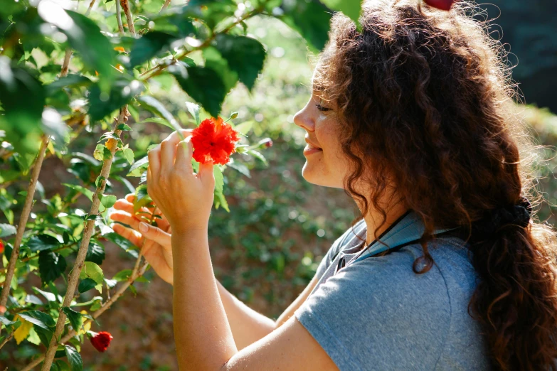 a woman holding a red flower in her hand, pexels contest winner, fruit trees, avatar image, profile image, picking up a can beans