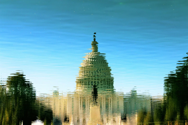a reflection of a building in the water, a digital rendering, unsplash, impressionism, capitol building, 2000s photo, resin, digital art''